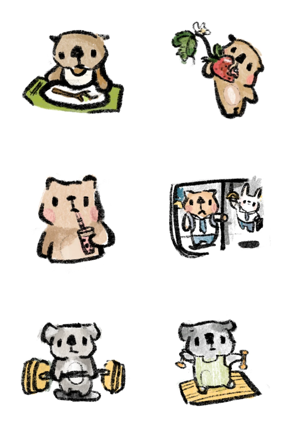 Stickers: a beaver eating dinner and a strawberry, a bear sipping boba and riding the subway, and two koalas lifting weights.
