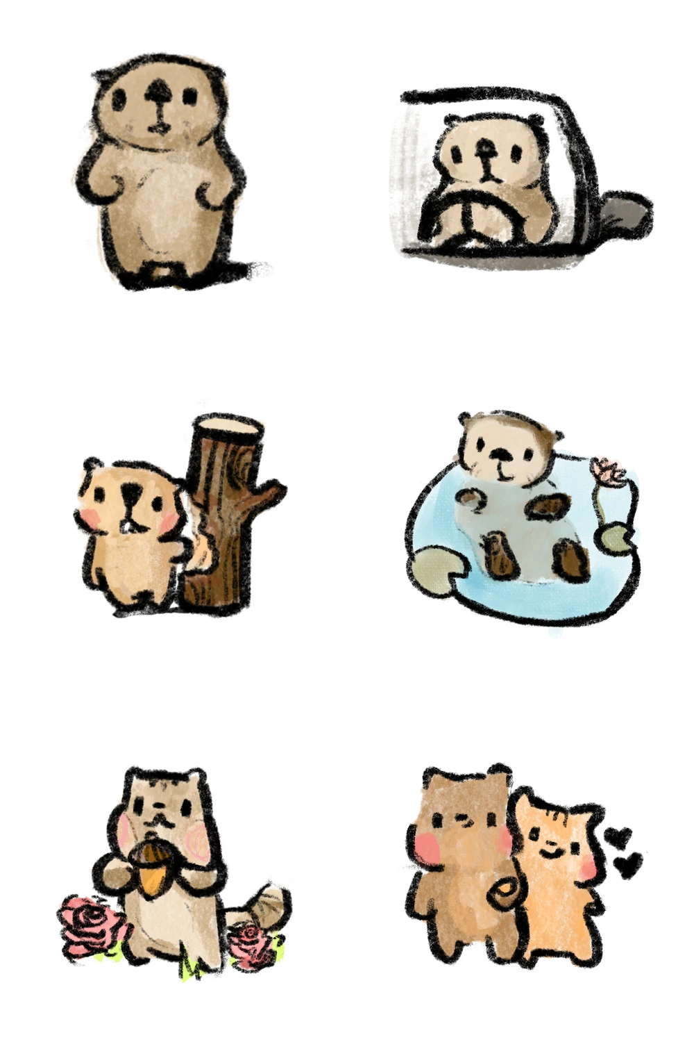 More stickers: a beaver standing, driving, and by a tree stump, an otter floating, an acorn among roses, and a couple.
